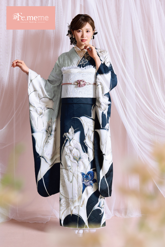 【ブランド振袖】Fe.meme 紺/シルバー色 品番:Fe-5702