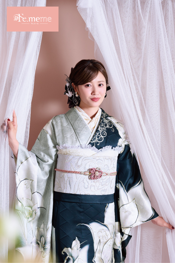 【ブランド振袖】Fe.meme 紺/シルバー色 品番:Fe-5702