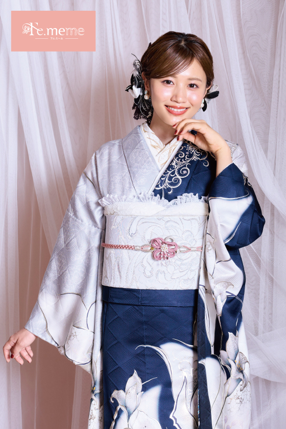 【ブランド振袖】Fe.meme 紺/シルバー色 品番:Fe-5702