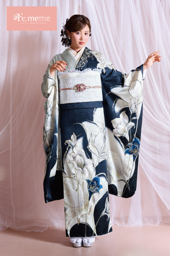 【ブランド振袖】Fe.meme 紺/シルバー色 品番：Fe-5702