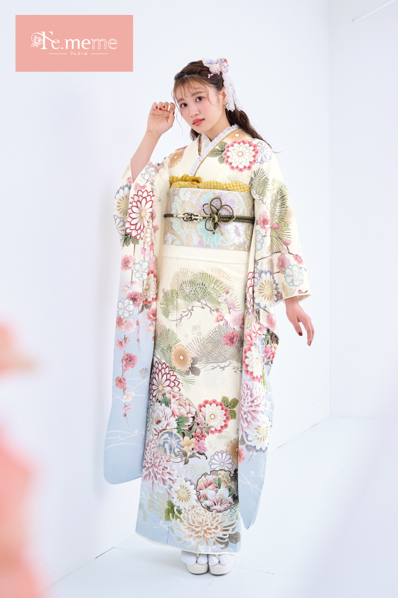 【ブランド振袖】Fe.meme 白/水色 品番：Fe-5705