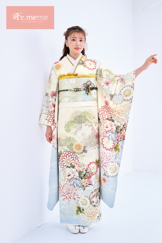 【ブランド振袖】Fe.meme 白/水色 品番：Fe-5705