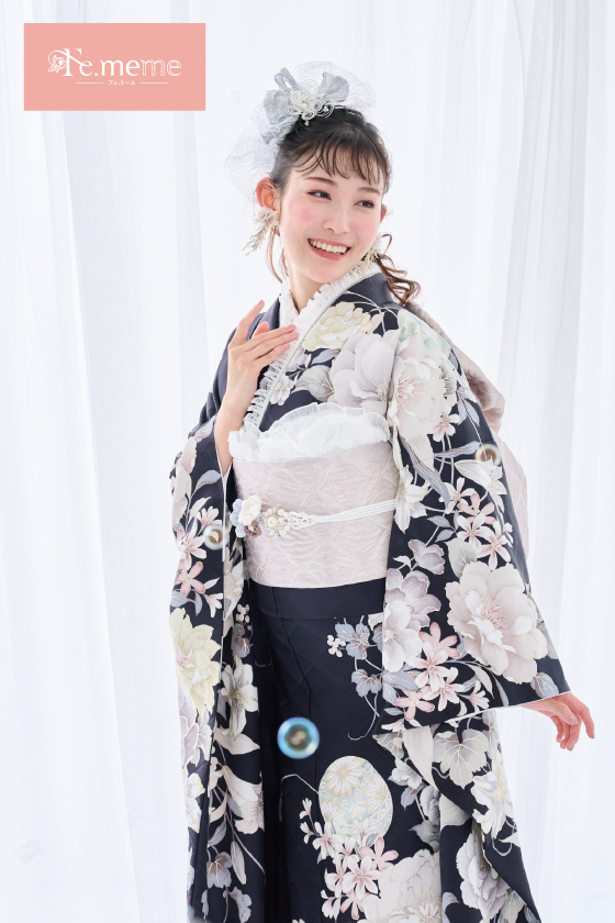【ブランド振袖】Fe.meme 紺色 品番:Fe-5707