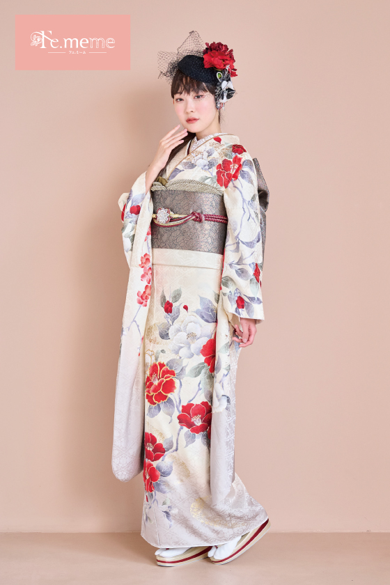 【ブランド振袖】Fe.meme 白/グレー色 品番：Fe-5712
