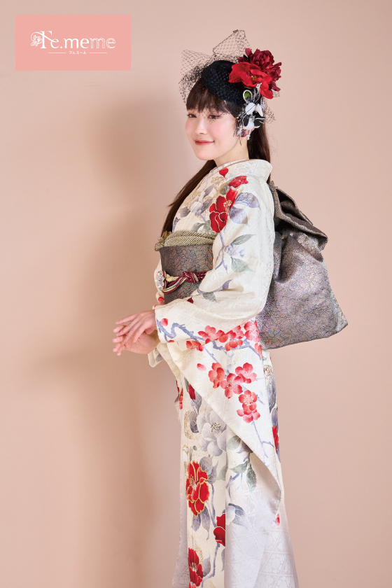 【ブランド振袖】Fe.meme 白/グレー色 品番：Fe-5712