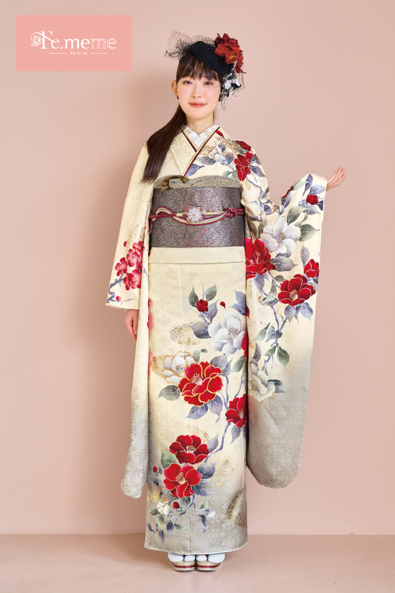 【ブランド振袖】Fe.meme 白/グレー色 品番：Fe-5712