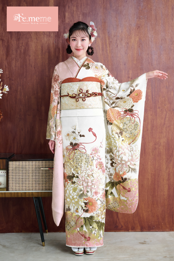 【ブランド振袖】Fe.meme 白/ピンク色 品番：Fe-5713