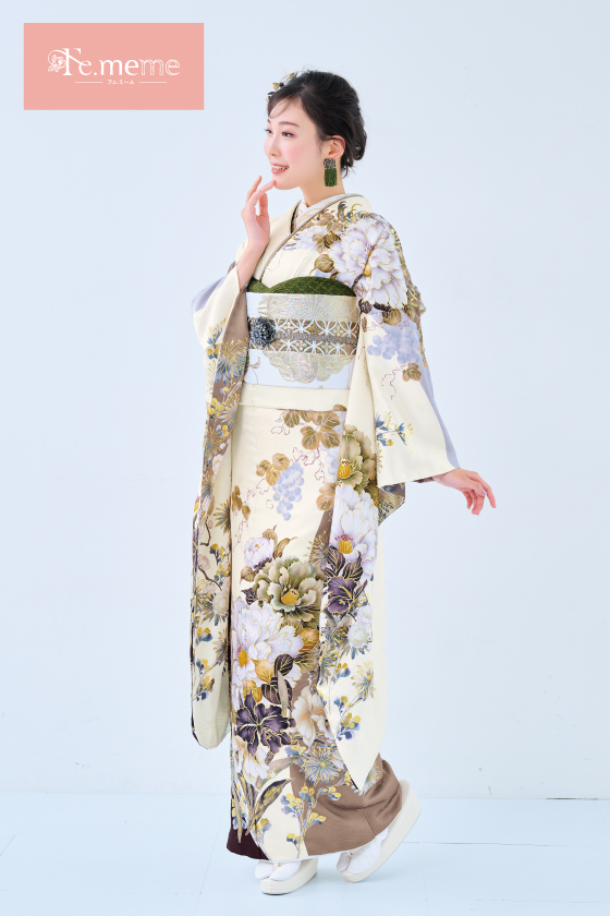 【ブランド振袖】Fe.meme 白/茶色 品番：Fe-5715