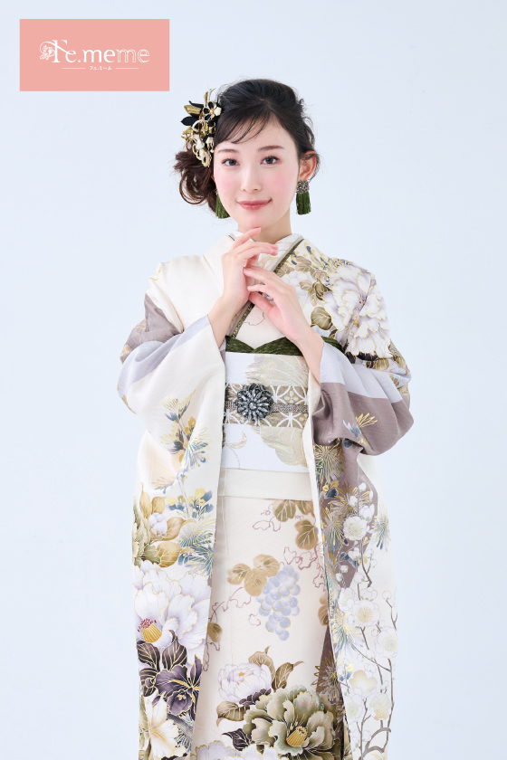【ブランド振袖】Fe.meme 白/茶色 品番：Fe-5715