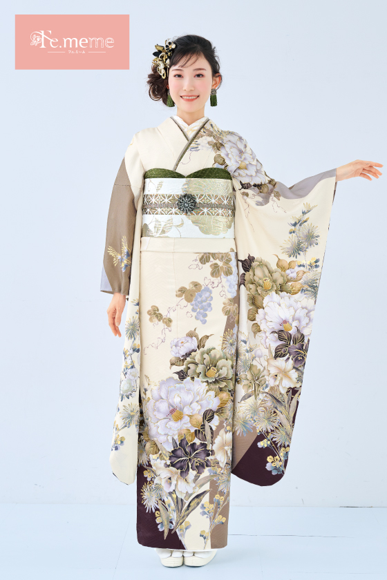【ブランド振袖】Fe.meme 白/茶色 品番：Fe-5715
