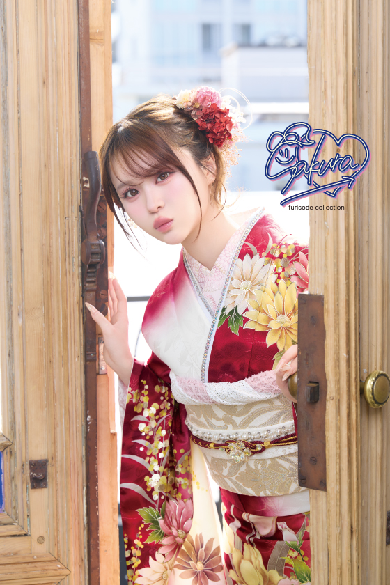 【ブランド振袖】Sakura 白赤色 品番：SAF-25