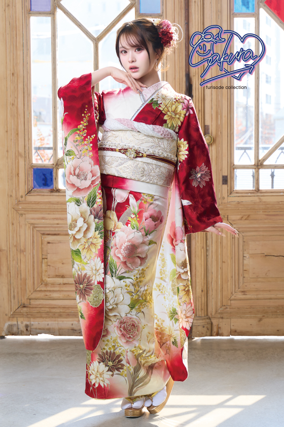 【ブランド振袖】Sakura 白赤色 品番：SAF-25