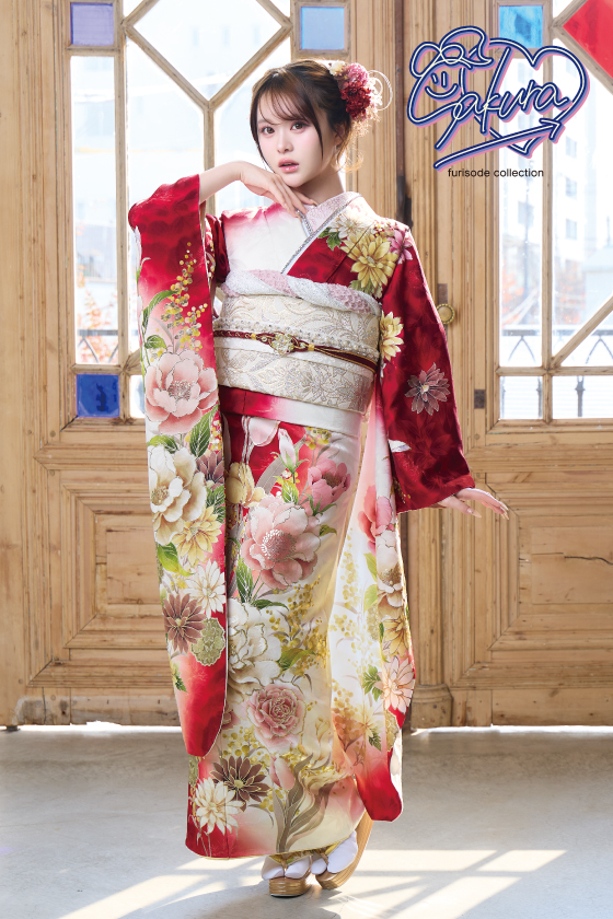 【ブランド振袖】Sakura 白赤色 品番：SAF-25