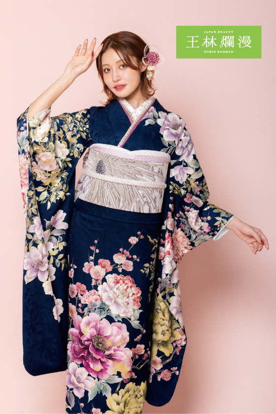 【ブランド振袖】王林爛漫 紺色 品番：OR-341